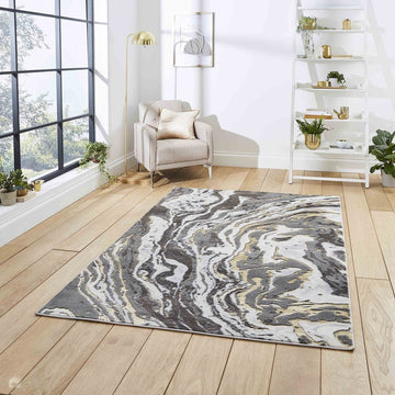 Apollo GR584 Modern Abstract Distressed Marble Metallic Shimmer High-Density Textured Low Profile Short-Pile Grey/Gold/Cream Rug-Think Rugs-Rug Love - The Most Loved Rug Store